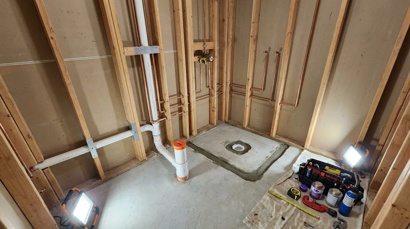 Bathroom rough-in plumbing during remodel by Johns Plumbing LLC in Farmer City