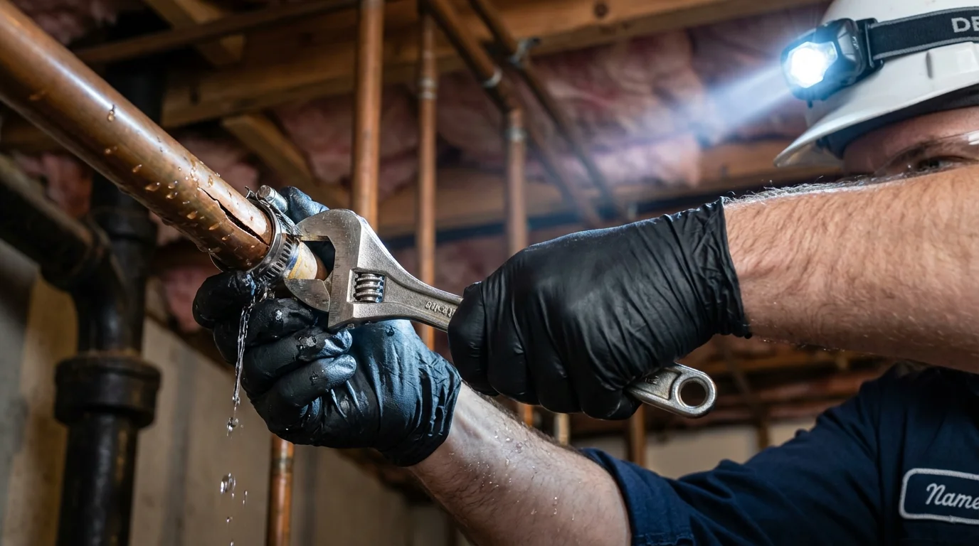 Emergency pipe clamp repair being performed by a Johns Plumbing LLC plumber in Farmer City