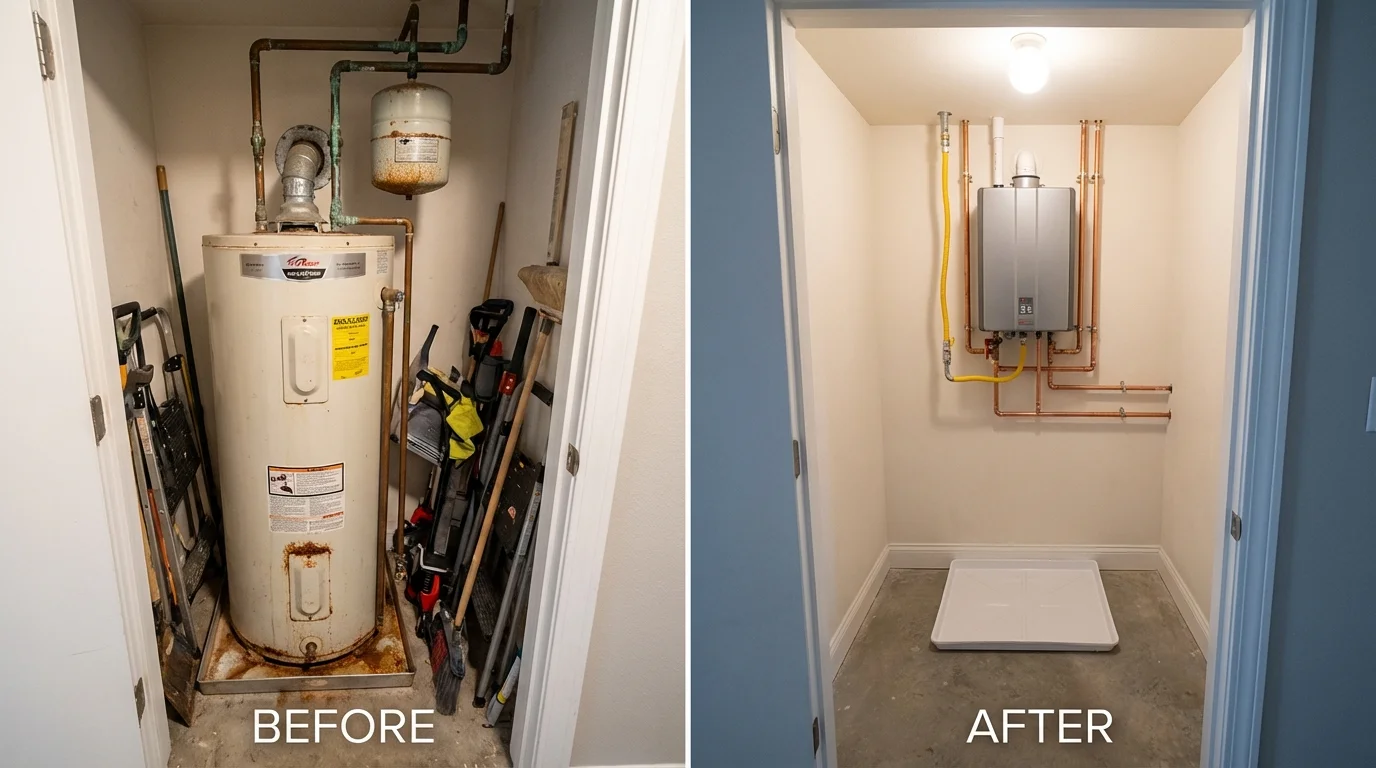 Tank water heater versus wall-mounted tankless unit comparison for Farmer City, IL homeowners
