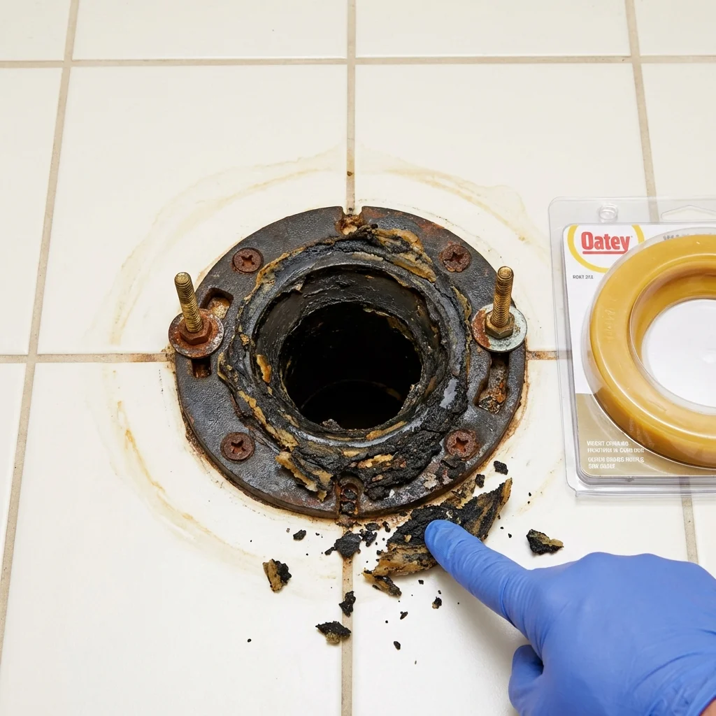 Failed wax ring showing water seepage at the base of a toilet in a Farmer City, IL home