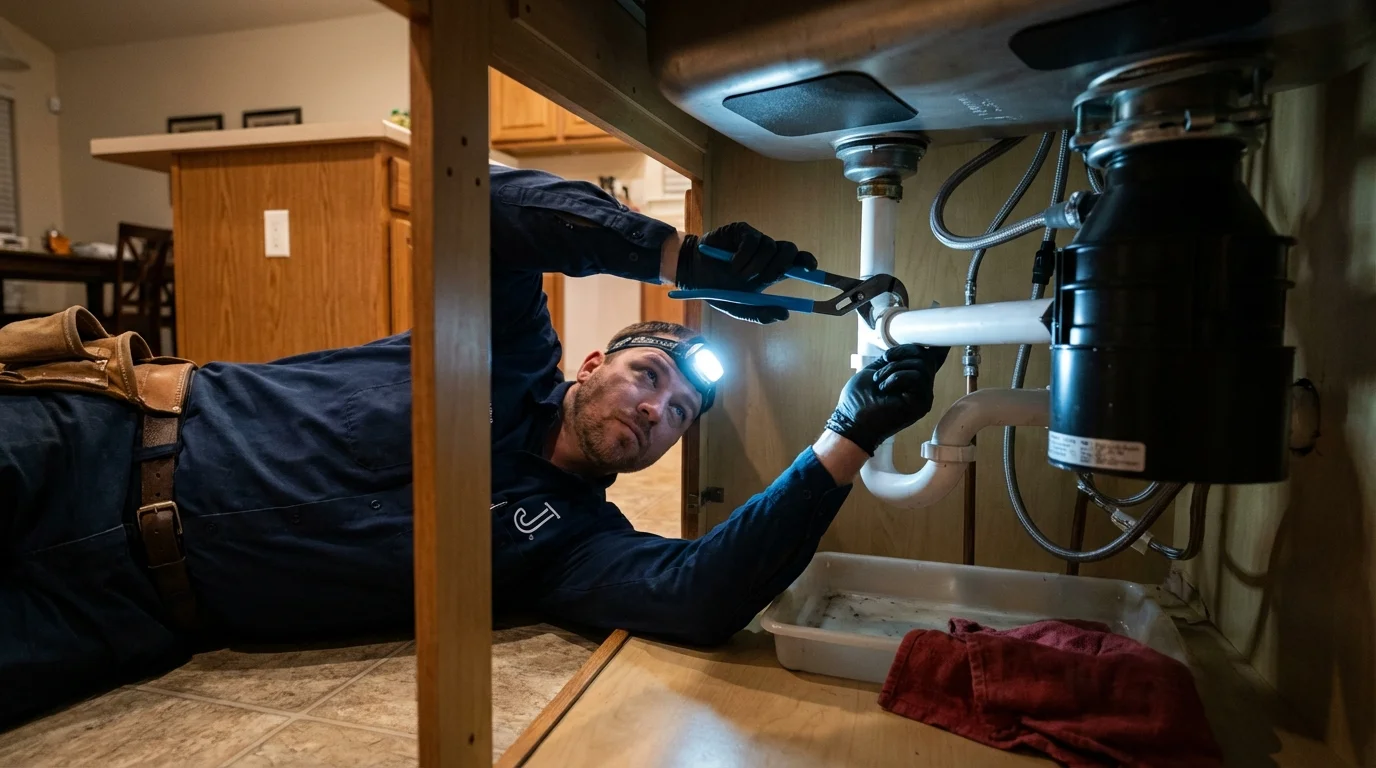P-trap and supply line connections under a kitchen sink showing a common leak point in Farmer City, IL